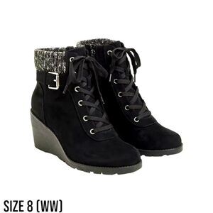 TORRID Women's Wedge Bootie Faux Suede Black Extra Wide Rubber Cushion boot.8W